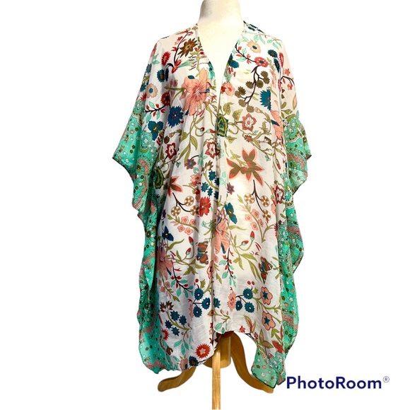 SOFT SURROUNDINGS BOHO FLORAL KIMONO DUSTER TOPPER COVER-UP OPEN CARDIGAN. O/S - Picture 2 of 8